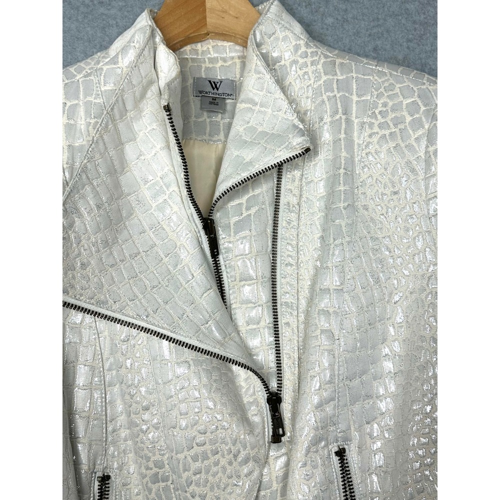 Worthington‎ Womens White Metallic Croc Embossed Moto Jacket Size M Asymmetrical - Picture 2 of 7